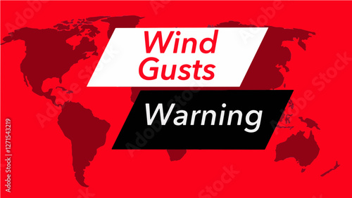 Wind gusts warning banner.  A television weather banner, known as an “over the shoulder”  is seen with a map of the world showing the United States. Colors are red, black and a vector image.