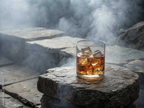 Wallpaper Mural a glass of amber liquid with ice, resting on a stone surface amidst a misty, outdoor setting Torontodigital.ca