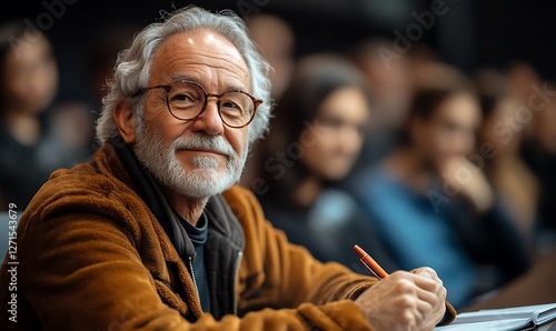 Focused Senior Man Taking Notes in an Academic Lecture Setting