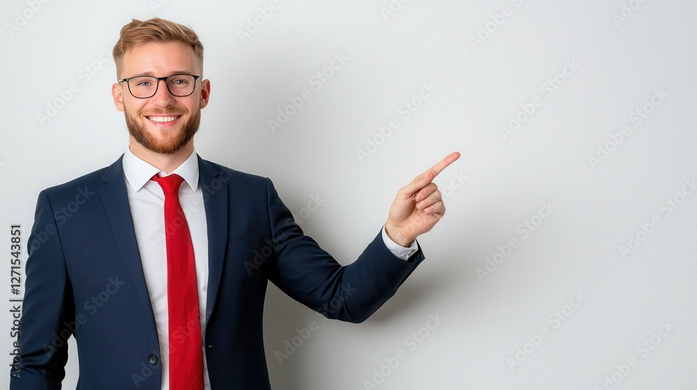 Confident businessman in suit and red tie smiling and pointing at blank space, promoting ideas. Confident businessman in suit and red tie smiling and pointing at blank space, promoting ideas.