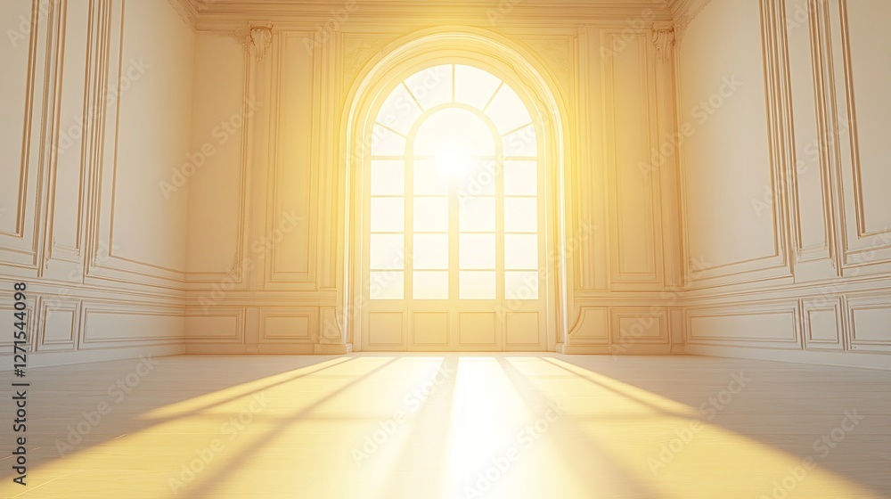 Fototapeta premium Warm sunlight streams through arched window illuminating elegant empty room. AI Generated