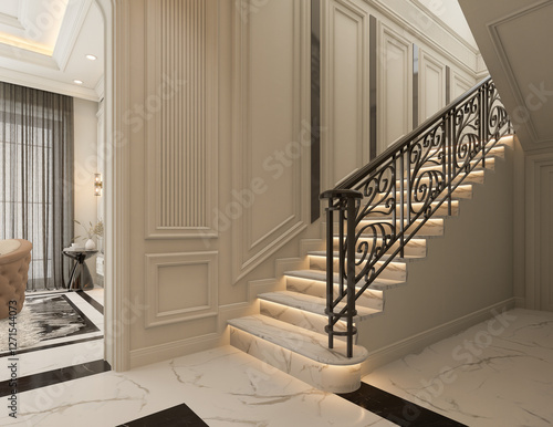 3D rendering Interior design of a classic hall marble floor black and white, White Doors and Rest zone decorated with a ceiling and chenderliar.