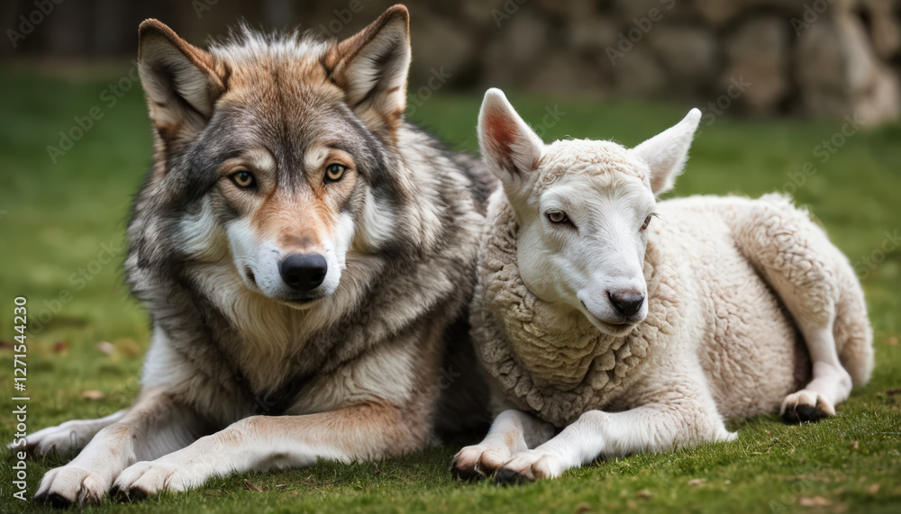 Fototapeta premium A wolf and a lamb lying together. Animal friendship concept. 