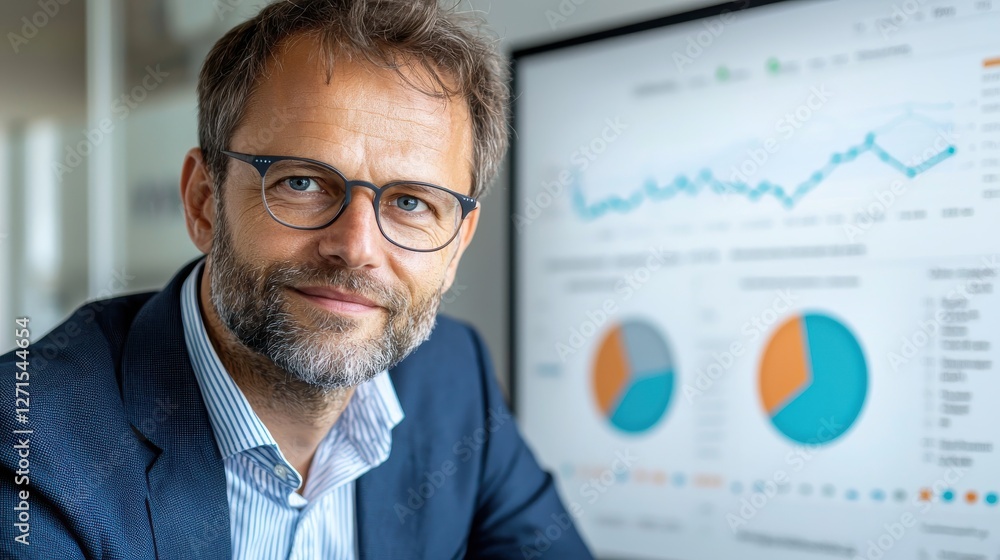 Confident professional man posing in office with business analytics charts displayed on a screen in the background. Confident professional man posing in office with business analytics charts displayed on a screen in the background.