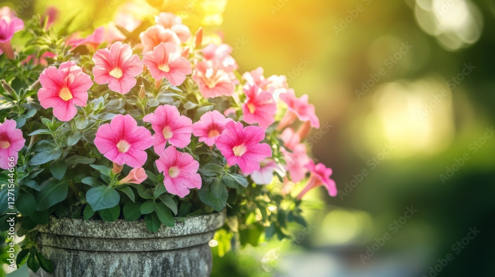 Vibrant pink petunias blooming in sunlit garden with lush green foliage Vibrant pink petunias blooming in sunlit garden with lush green foliage