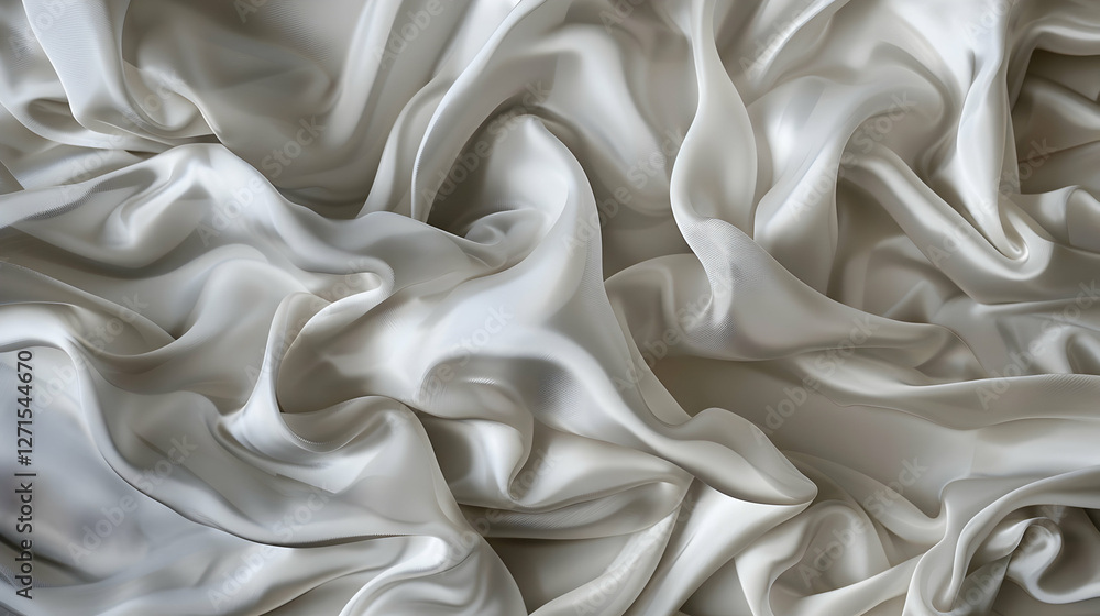 Fototapeta premium Smooth, flowing white silk fabric draped elegantly, creating soft waves and shadows (2)