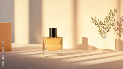 Wallpaper Mural Elegant perfume bottle with shadows and decorative plant on a minimalist background Torontodigital.ca