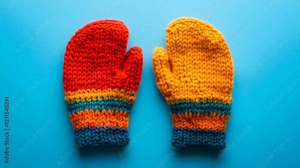 Colorful knitted mittens on a bright blue background showcasing warmth and fun during winter activities Colorful knitted mittens on a bright blue background showcasing warmth and fun during winter activities