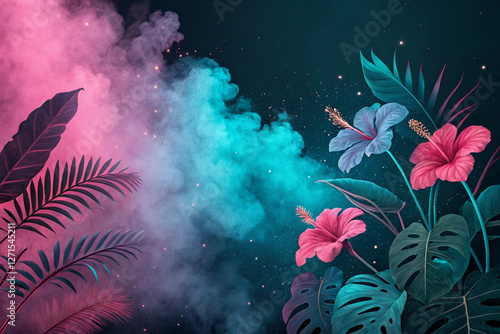 An abstract background with stylized tropical flowers in neon colors, mixed with smoke and glitter textures, AI generated