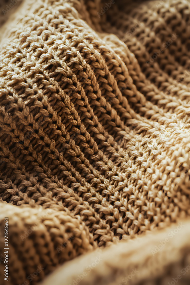 Close-up view of textured knit fabric in warm tones showcasing intricate craftsmanship and cozy aesthetics Close-up view of textured knit fabric in warm tones showcasing intricate craftsmanship and cozy aesthetics