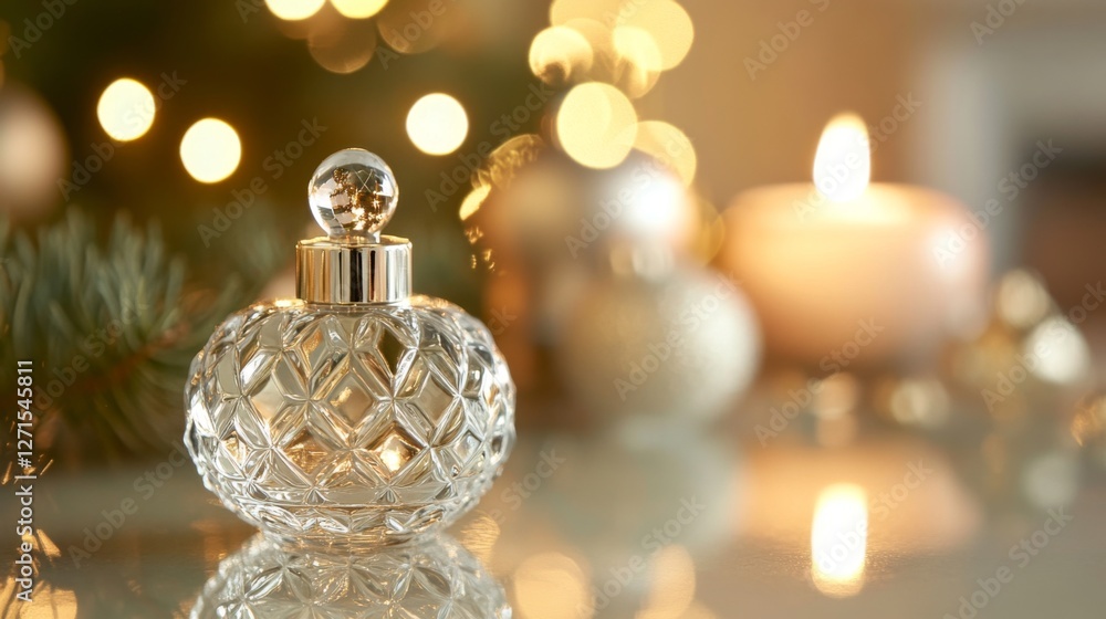 Elegant glass perfume bottle with warm bokeh candlelight in holiday setting Elegant glass perfume bottle with warm bokeh candlelight in holiday setting