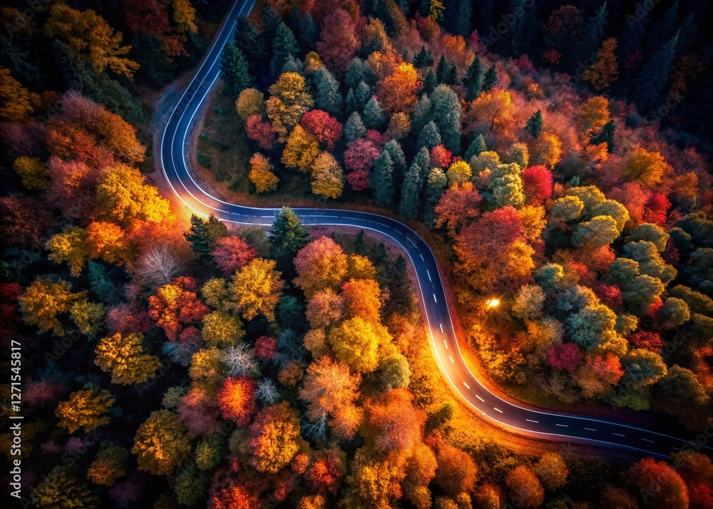 Fototapeta premium Aerial Autumn Road: Nostalgia Night Forest Drive Stock Photo