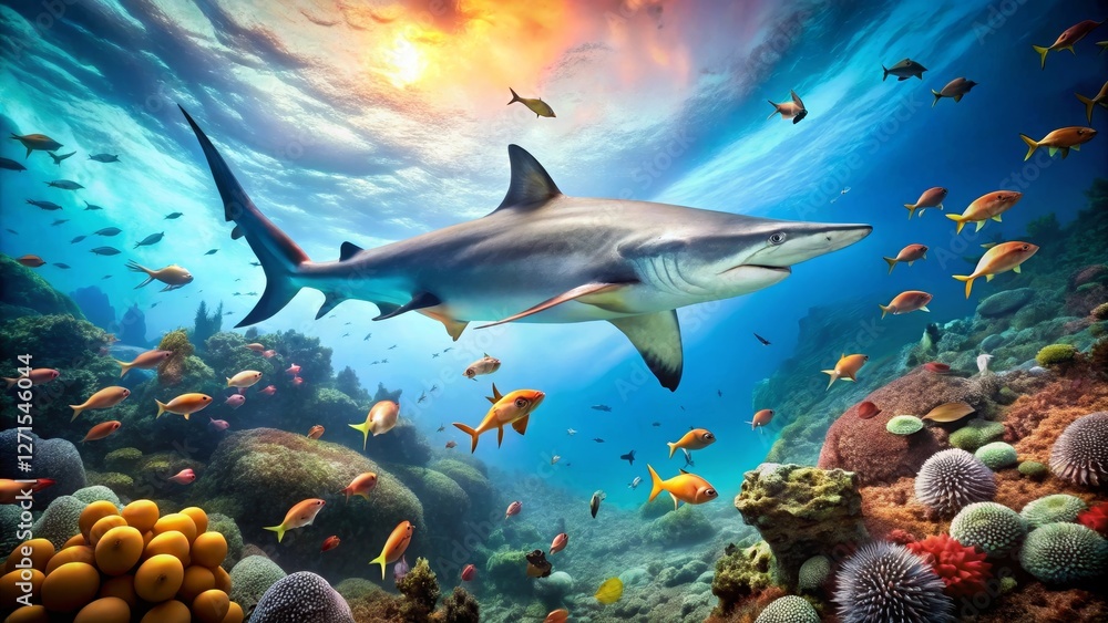 Fototapeta premium A Majestic Shark Gracefully Swims Above a Vibrant Coral Reef, Surrounded by a School of Colorful Fish in a Sunlit Ocean