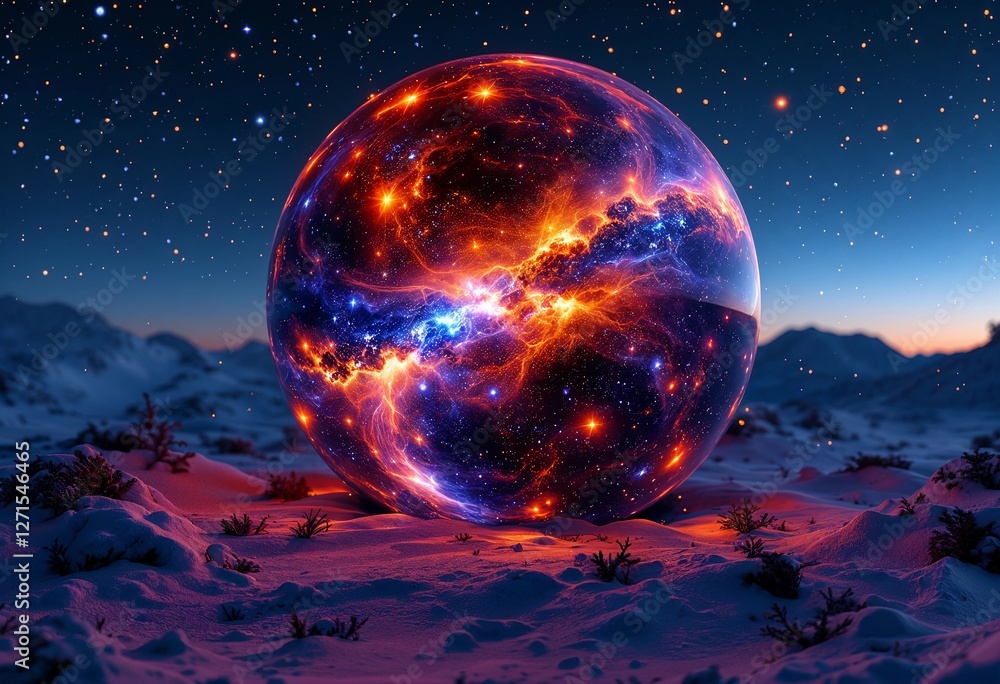 Cosmic Sphere Glows With Vibrant Energy Amidst a Tranquil Winter Landscape. Generative AI Cosmic Sphere Glows With Vibrant Energy Amidst a Tranquil Winter Landscape. Generative AI
