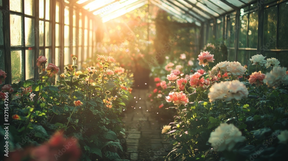 Fototapeta premium Beautiful Flowering Plants in a Serene Greenhouse Environment