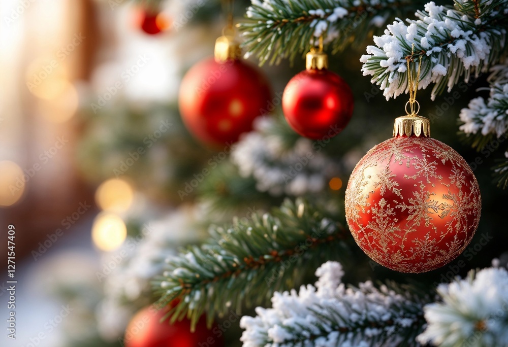 Fototapeta premium Festive Red Ornaments Adorn a Beautifully Decorated Christmas Tree in Winter. Generative AI