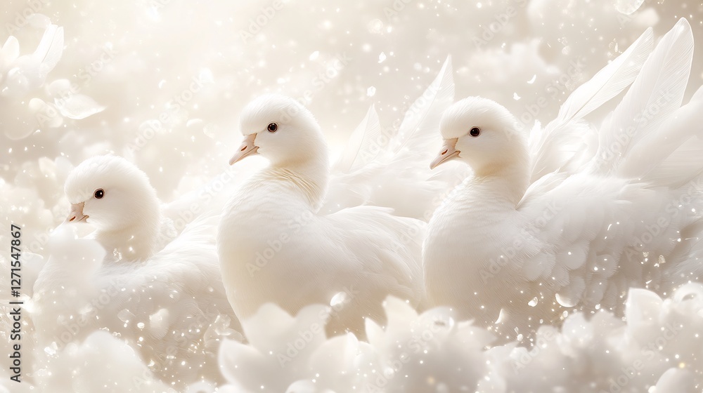 Soft light bathes three fluffy white ducklings nestled in snowy fluff.. AI Generated Soft light bathes three fluffy white ducklings nestled in snowy fluff.. AI Generated