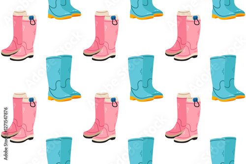 Seamless pattern of various rubber boots different color and shape. Rainy weather Shoes 