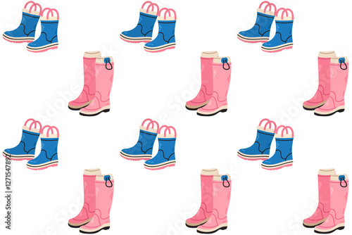 Seamless pattern of various rubber boots different color and shape. Rainy weather Shoes 