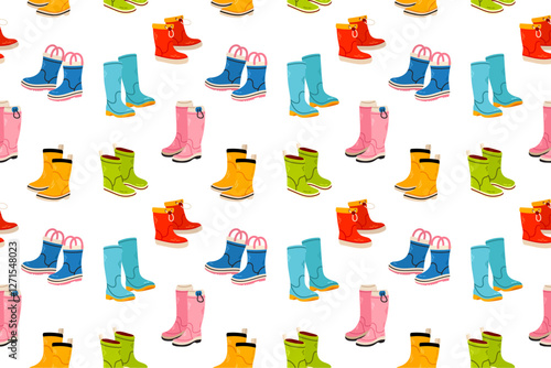 Seamless pattern of various rubber boots different color and shape. Rainy weather Shoes 