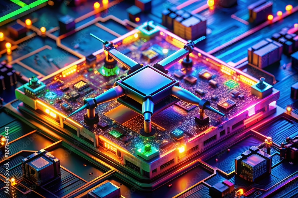 Fototapeta premium Aerial Drone Shot: Glowing Circuit Board Technology Abstract