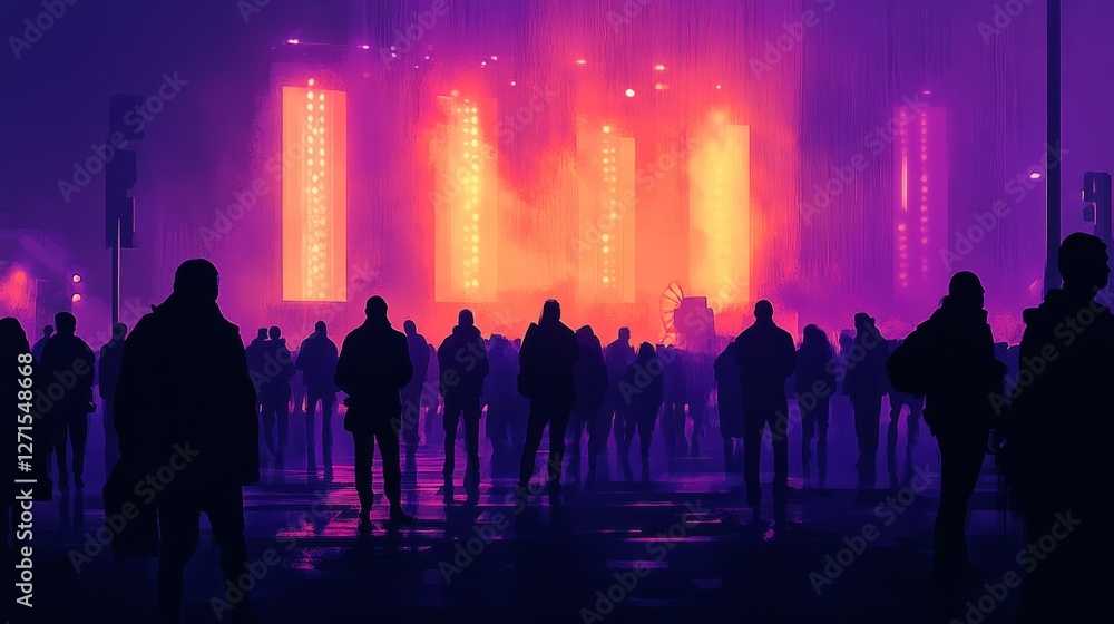 Silhouettes of people in front of a concert stage, enjoying the live music performance with bright stage spotlights shining on the band Silhouettes of people in front of a concert stage, enjoying the live music performance with bright stage spotlights shining on the band
