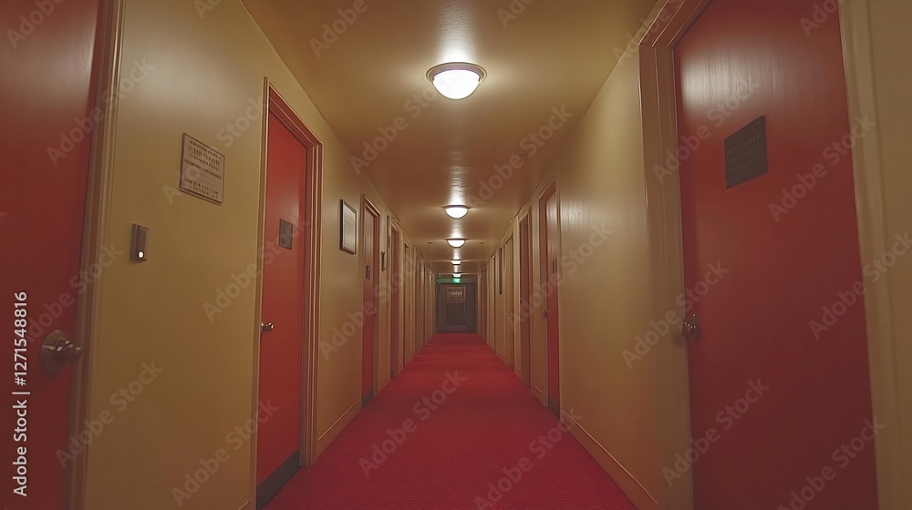 Red hallway glows softly under warm light Symmetrical composition creates eerie calm. AI Generated Red hallway glows softly under warm light Symmetrical composition creates eerie calm. AI Generated
