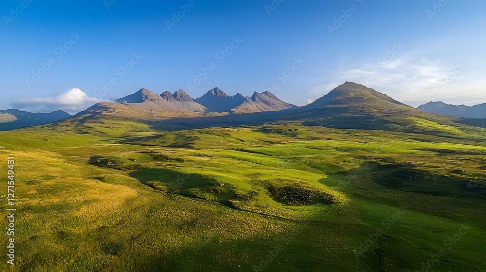 Fototapeta premium Green Valley with Majestic Mountain Range Under a Bright Blue Sky
