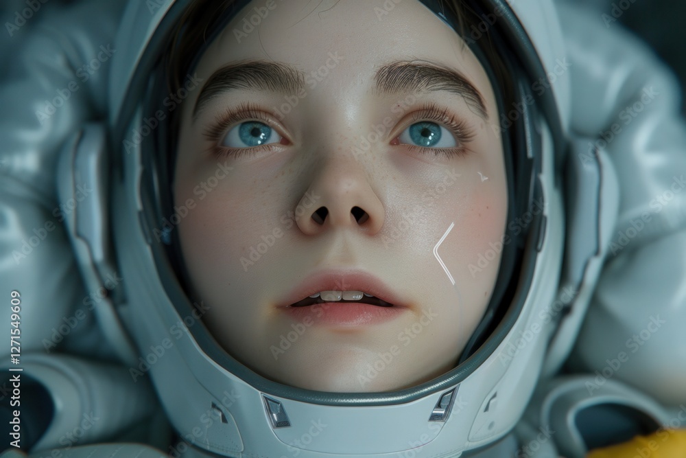 A close-up of a young person in a futuristic astronaut helmet, gazing upward with a contemplative expression, suggesting exploration and curiosity. A close-up of a young person in a futuristic astronaut helmet, gazing upward with a contemplative expression, suggesting exploration and curiosity.