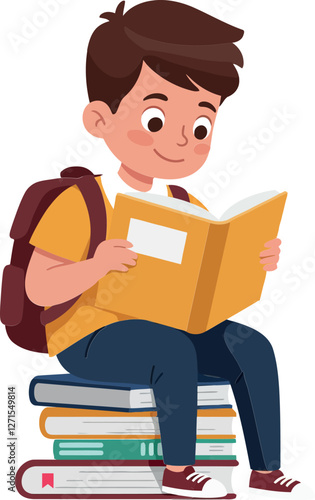 Child reading book while sitting on stack of colorful books vector illustration