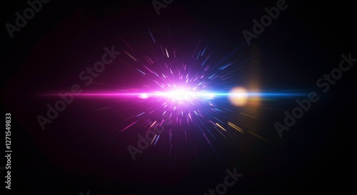 Cosmic Burst: A vibrant and dynamic image captures an abstract burst of light, radiating energy across a dark backdrop. Purple, pink, and blue hues collide to create a visual spectacle.