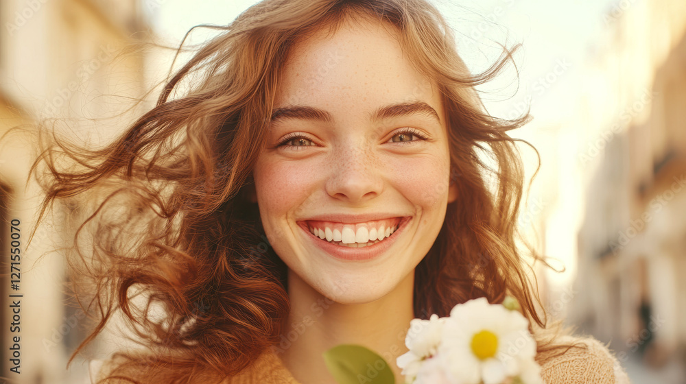 Joyful young Caucasian female smiling brightly outdoors on a sunny day with flowers Joyful young Caucasian female smiling brightly outdoors on a sunny day with flowers