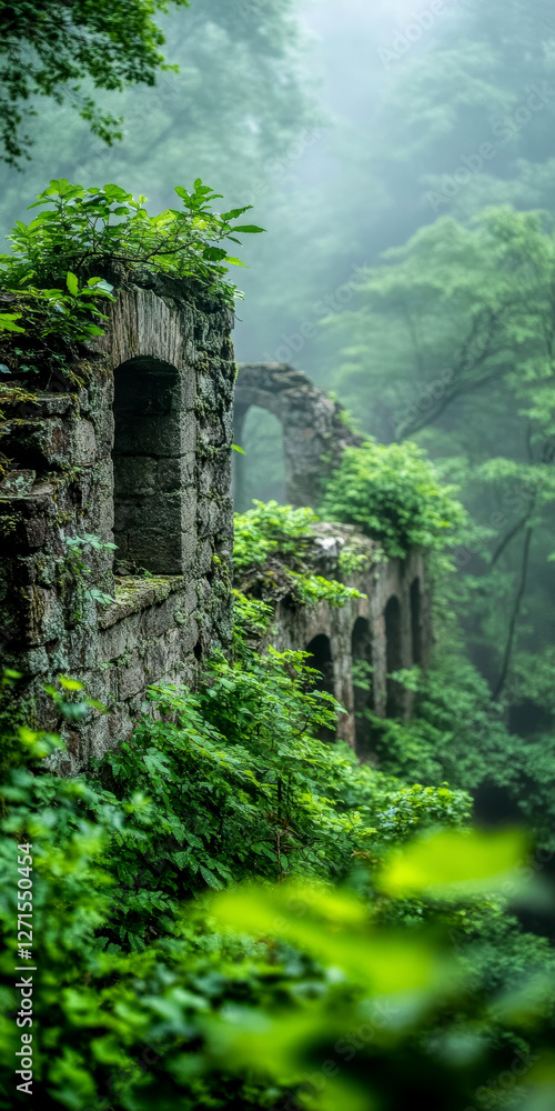 Fototapeta premium Ancient stone ruins engulfed by lush green forest in misty atmosphere capturing timeless serenity
