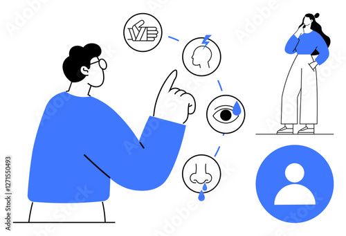 Cartoon man points towards icons representing hand, head, eye, and nose woman stands thinking, one icon of person. Ideal for communication, decision-making, sensory information, analysis