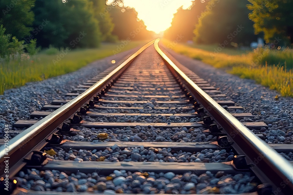 Naklejka premium Railroad Tracks Extending into Sunlight at Sunset