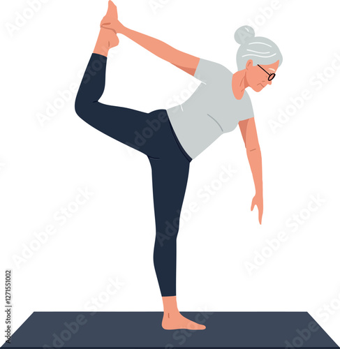 Senior woman practicing yoga in a flat and minimal vector art