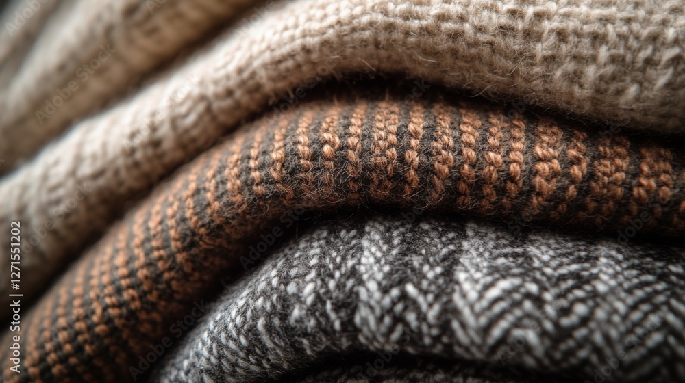 Fototapeta premium Closeup of folded woolen fabrics in neutral and brown stripes and patterns