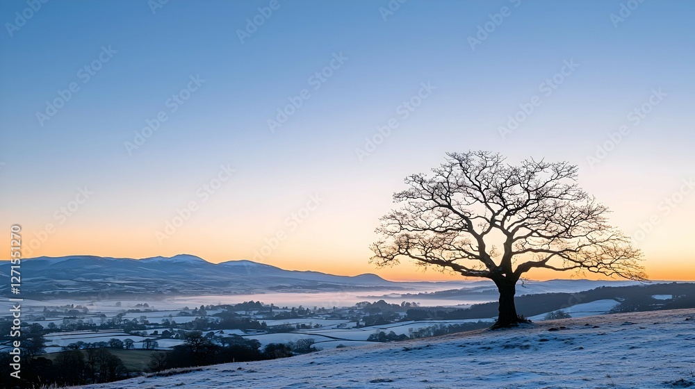 Silhouette of a Leafless Tree in a Snowy Landscape at Sunset Silhouette of a Leafless Tree in a Snowy Landscape at Sunset