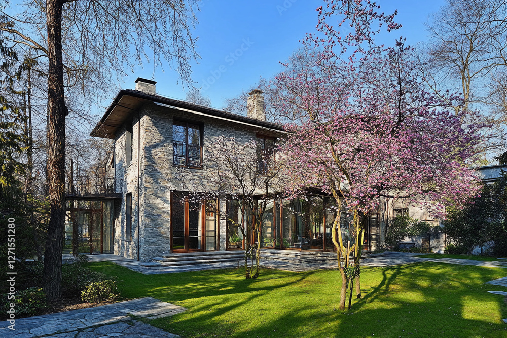 House surrounded by flowering trees and lush green grass in a serene outdoor setting House surrounded by flowering trees and lush green grass in a serene outdoor setting