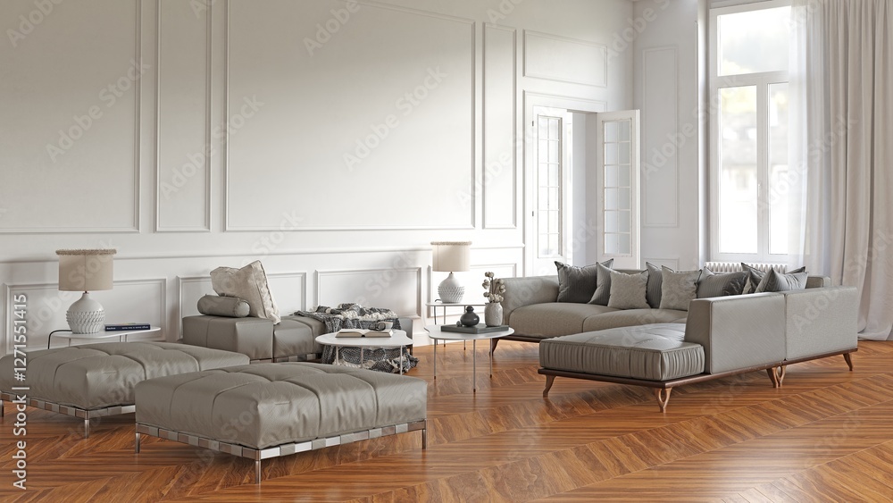 Fototapeta premium Elegant living room with white walls