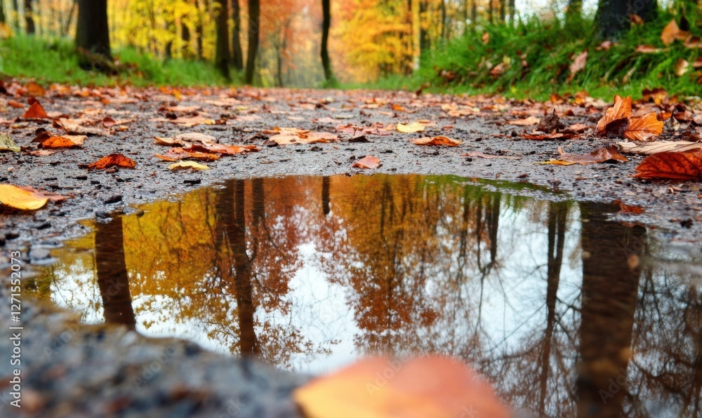 Serene autumn landscape featuring a puddle reflecting vibrant foliage in a tranquil forest Serene autumn landscape featuring a puddle reflecting vibrant foliage in a tranquil forest