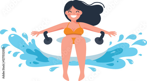 Woman exercising with dumbbells in water, flat vector illustration