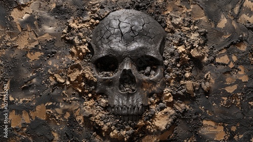 A detailed view of a cracked skull embedded in textured dark earth, conveying themes of mortality and decay photo