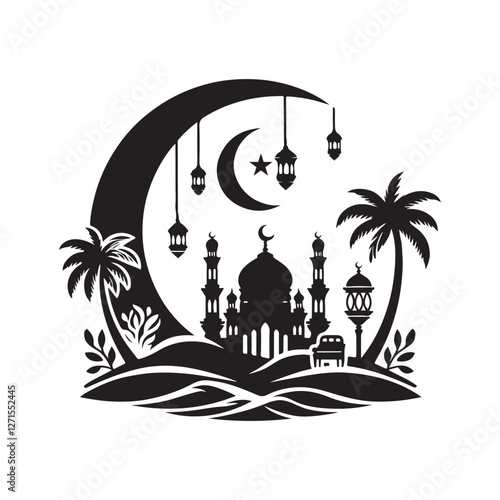 Salam Ramadan Silhouette Vector Illustration, Solid White Background.