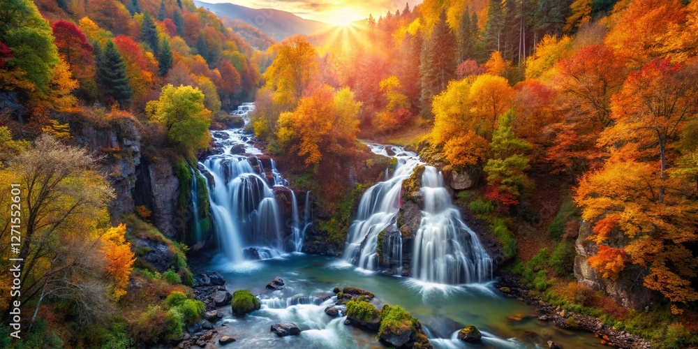 Fototapeta premium Aerial Drone View of Autumn Waterfall in Gelendzhik, Caucasus Mountains, Russia
