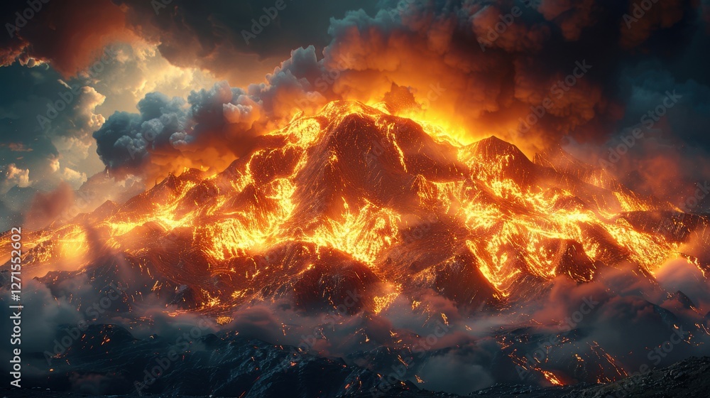 A dramatic active volcano erupting with molten lava, dark sky, ultra-realistic textures A dramatic active volcano erupting with molten lava, dark sky, ultra-realistic textures