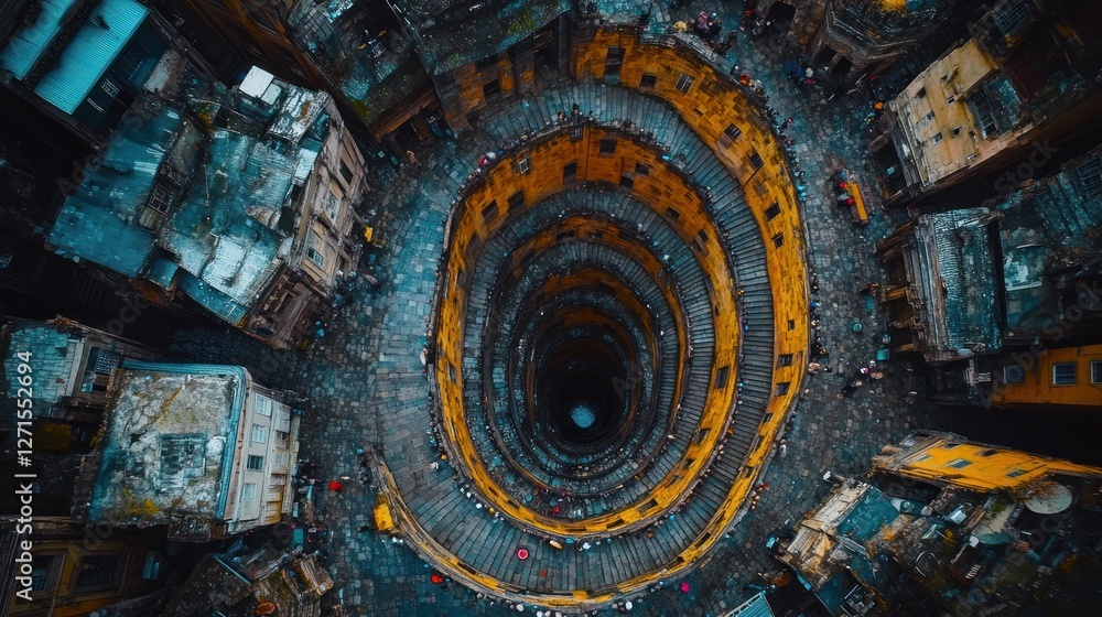 Aerial view of a spiral staircase descending into a deep well within a dense urban environment. Aerial view of a spiral staircase descending into a deep well within a dense urban environment.