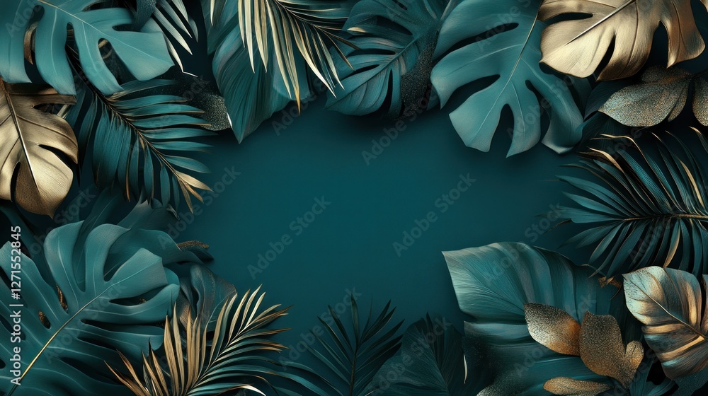 Gold and teal tropical leaves frame on a dark background Gold and teal tropical leaves frame on a dark background