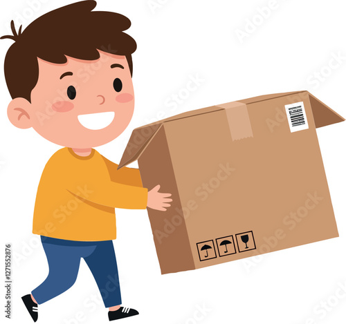 Happy boy carrying a cardboard box in flat vector art