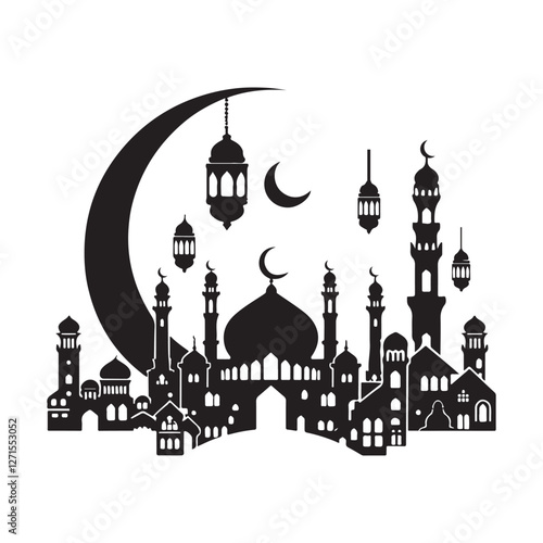 Salam Ramadan Silhouette Vector Illustration, Solid White Background.